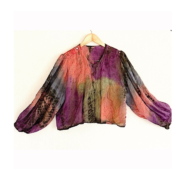 Arielle Tops - Cropped tie-dye embroidered boho swingy blouse jacket with blousy sleeves